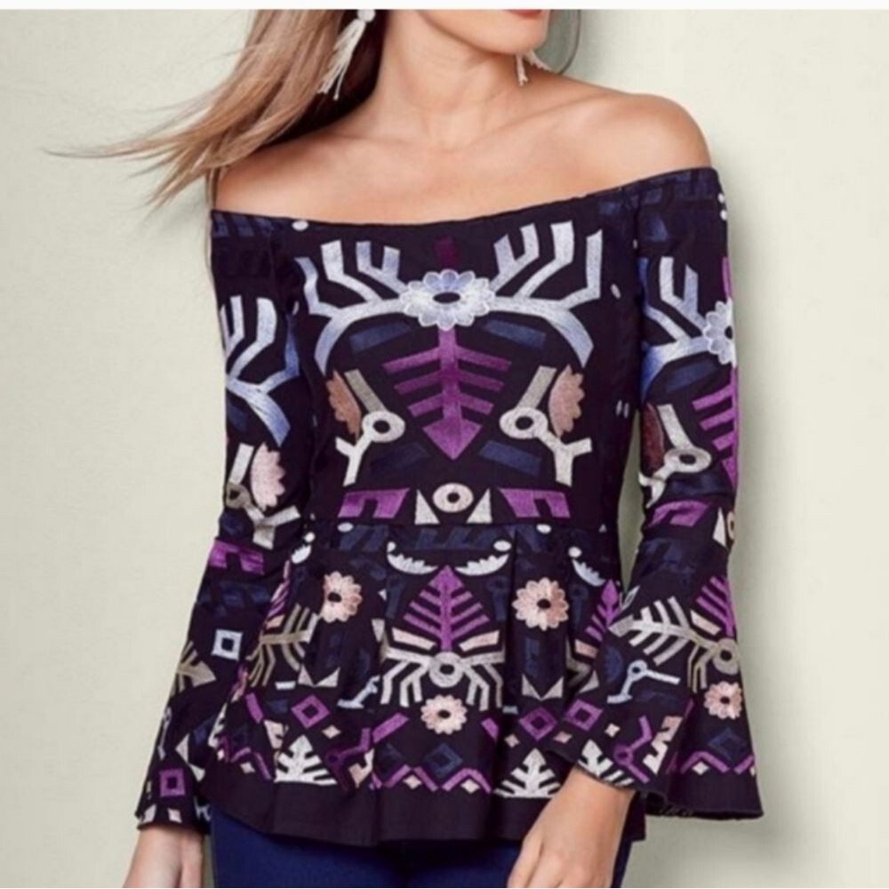aztec mexican black top women's s small print off shoulder shirt blouse venus